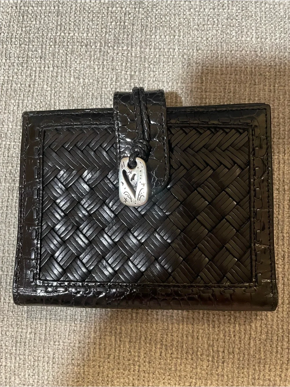 Brighton Black Woven Leather Bifold Wallet with Silver Heart Accent